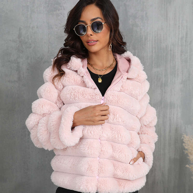 Faux Fur Women Coats Hooded Full Sleeve Short Coat Zipper Thick Warm Solid Temperament Elegant Splice Autumn Winter