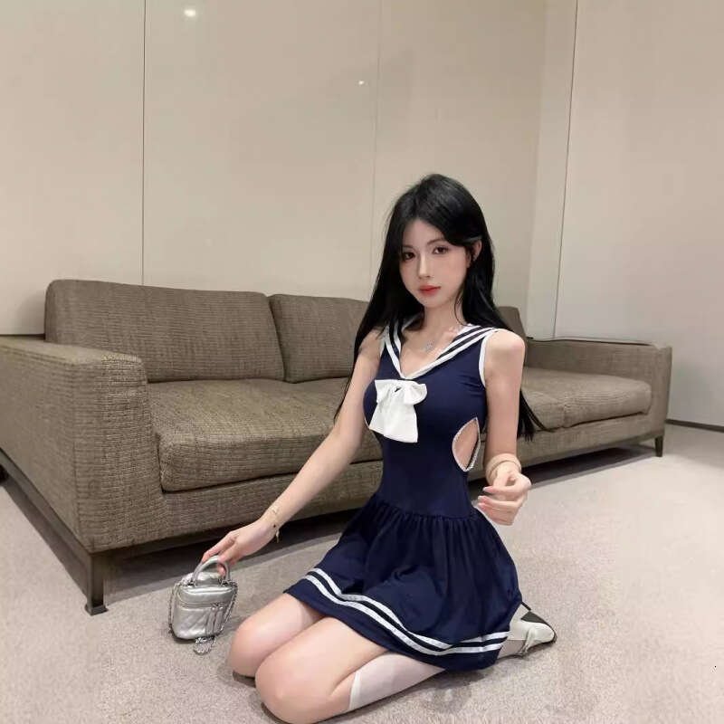 Sexy College - Style Pleated Dress Hollow Out Back Bow Accent Sailor Collar Y2K Aesthetic for Daily Date Nightsv