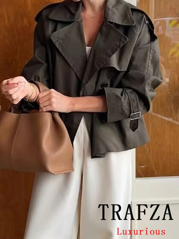 TRAFZA Vintage Casual Chic Women Jackets Solid Double Breasted Turndown Collar Long Sleeve Short Coat Fashion 2024 Autumn 250805