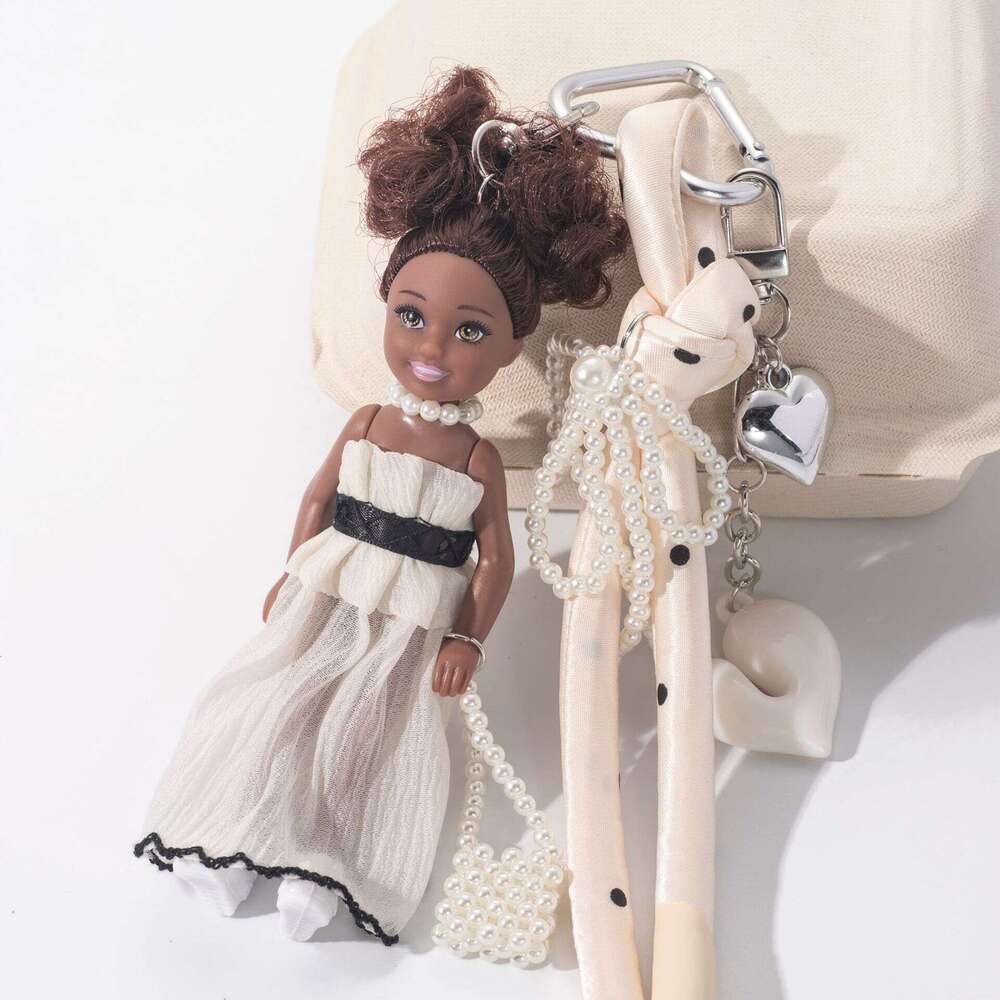Cute Black Leather Doll with Curly Hair Doll, Stylish Long Dress Bag Chain, Fashionable Woven Rope Pendant, Versatile