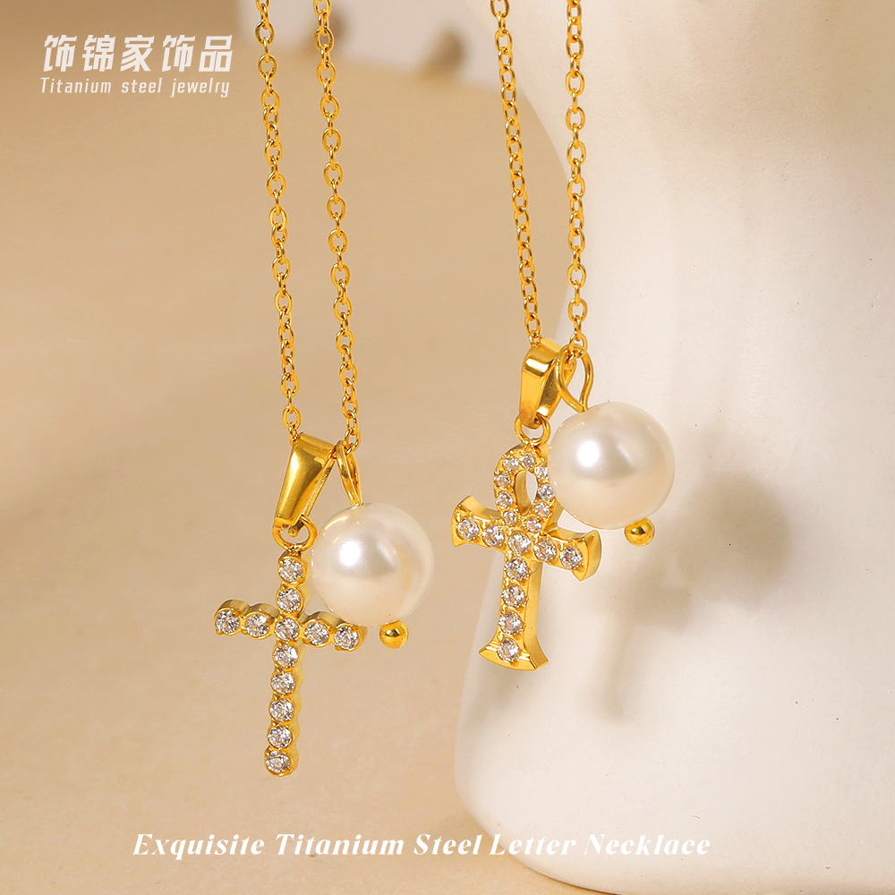 Titanium Steel Cross Zircon for Women Summer Non-Fading Light Niche Shell Pearl Necklace Jewelry Jewelry for Women
