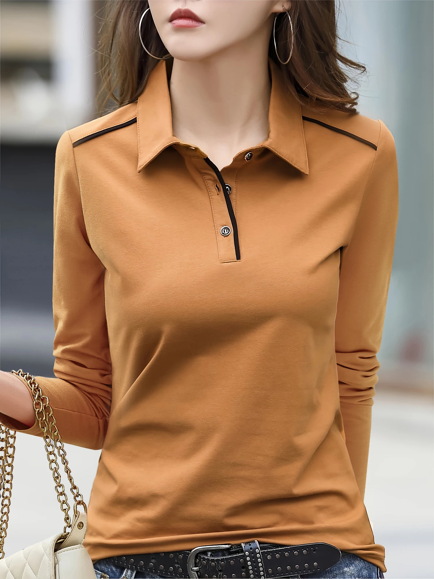 Womens Casual Chic Shirt Long Sleeve Button Detail SemiSheer Cotton Blend Machine Washable Perfect for Spring Fall 250814