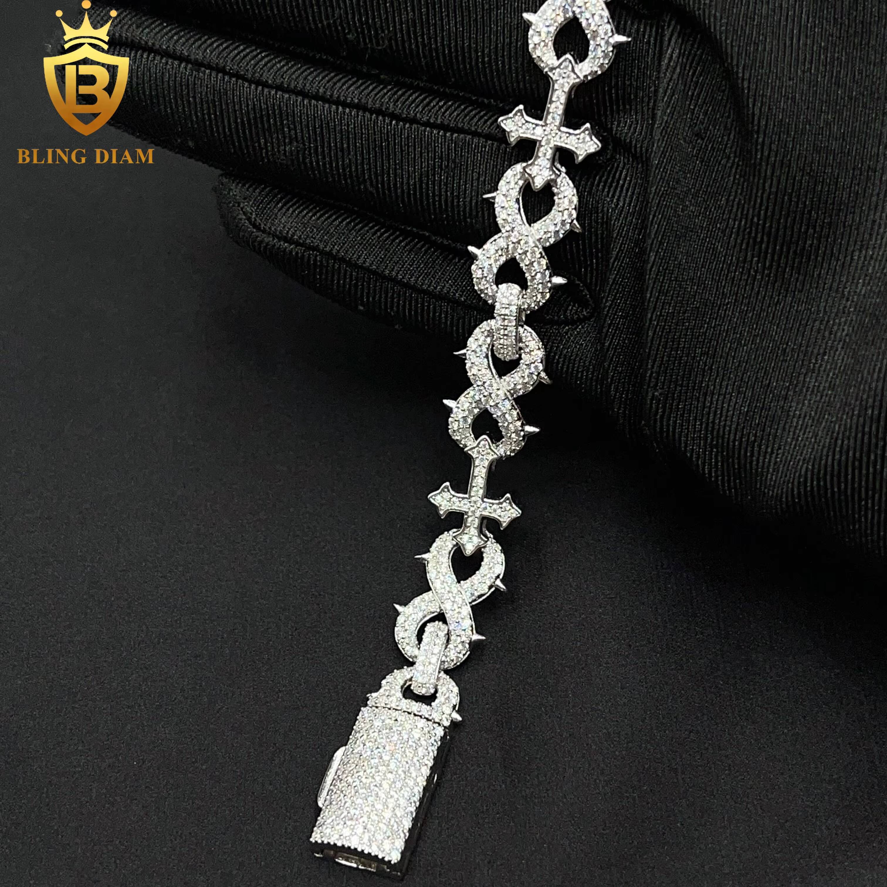 13mm Hip Hop Jewelry Cross Cuban Link Bracelet 925 Sliver Iced Out Moissanite Diamond Rapper Style