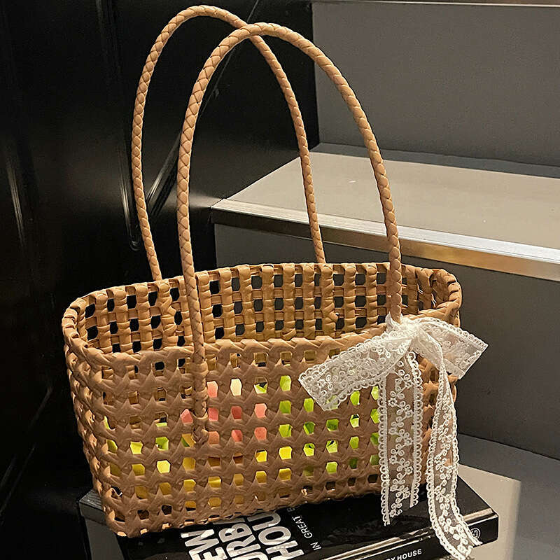 LEFTSIDE Small Solid Color Weave Tote for Women Fashion Summer Shoulder Bags Simple Handbags Hollow Out Beach Bag