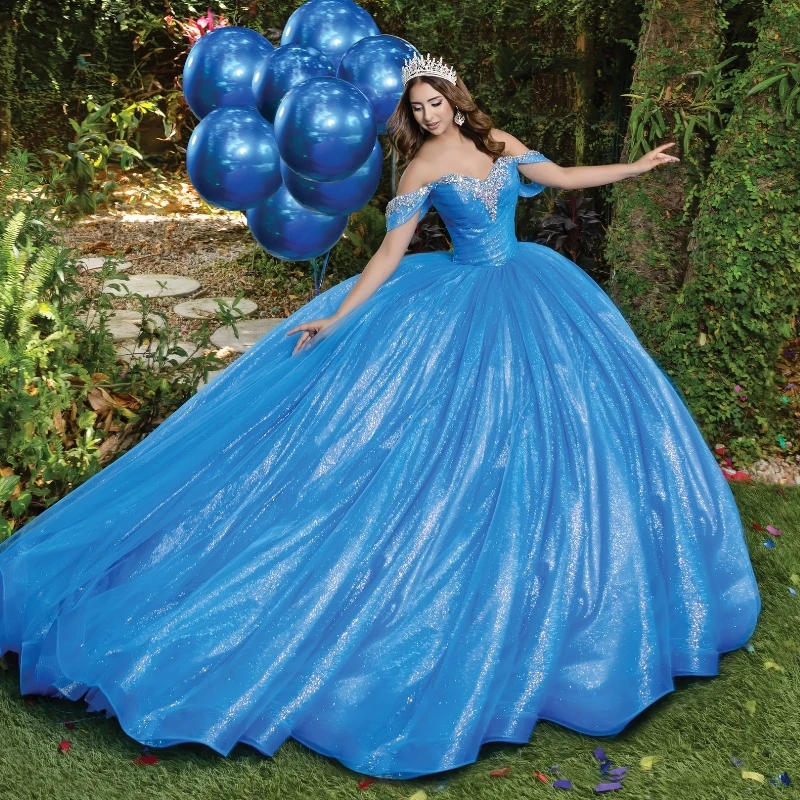 Blue Shiny Ball Gown Quinceanera Dresses Off the Shoulder Beading Crystal Tull Party Birthday Vestidos 15 De Anos Sweet 16 Dress