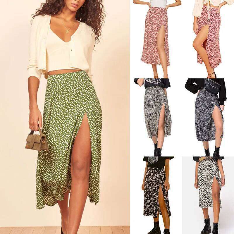 Vintage Summer Flower Leopard Print High Waist Stretch Long For Women A-Line Skirts Fashion Beach Maxi Skirt
