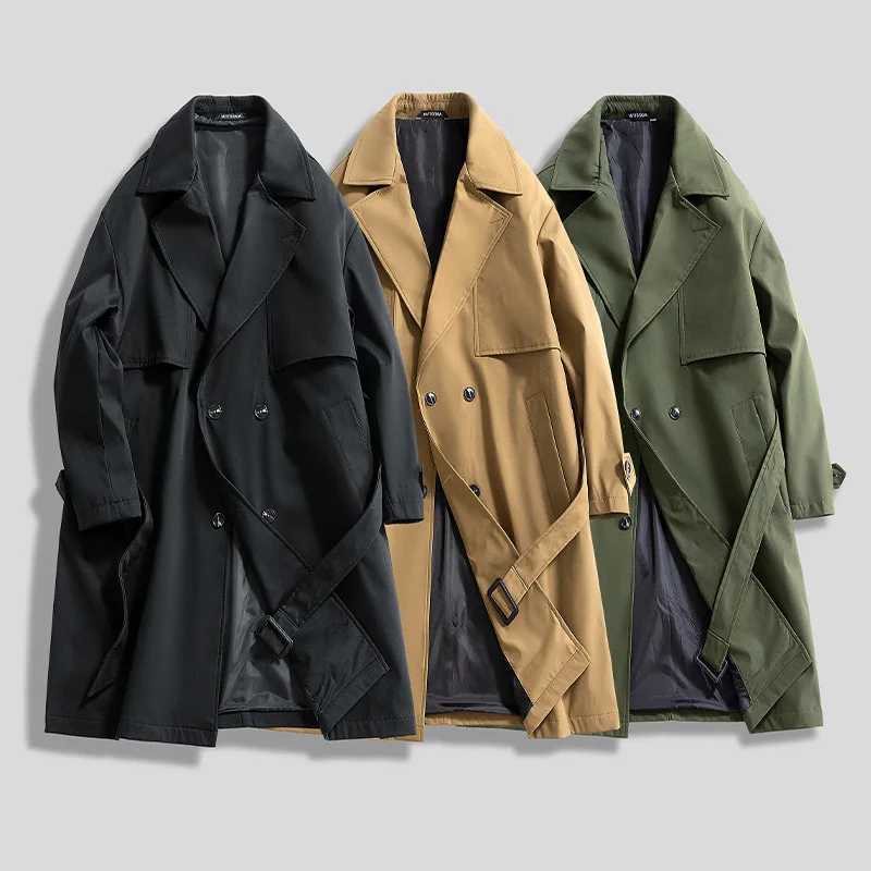 Mens Long Trench Coat Military Green Slim Fit Double Breasted Notched Lapel Jacket Windbreaker Spring Autumn Casual Outdoor Coat W250815