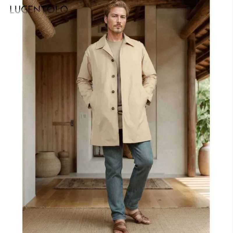 Men Casual Jacket Fall 2024 Long Trench Coat Solid Color Lapel Slim Fit Single Breasted Cardigan Fashion Simple Business Wear W250815