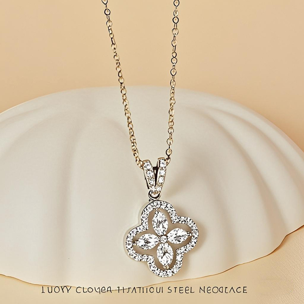Colorful Four-Leaf Clover Inlaid Zircon Necklace Stainless Steel Simple High-End Feel Women's Non-Fading Accessory Jewelry for Women