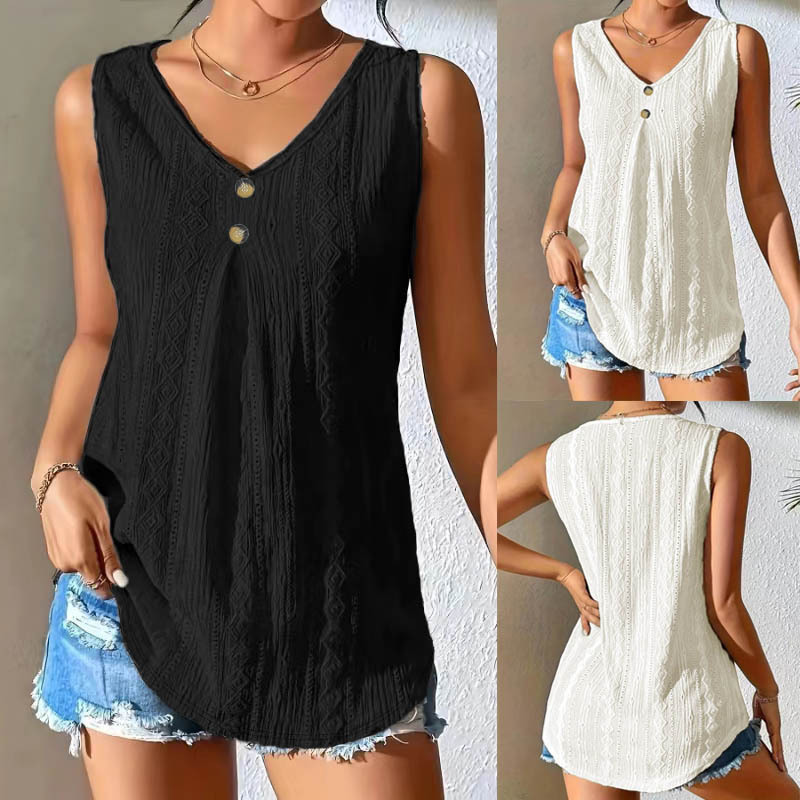 Summer Hollow Jacquard Vest Fashion Loose V-neck Button Sleeveless Top Women's Clothing