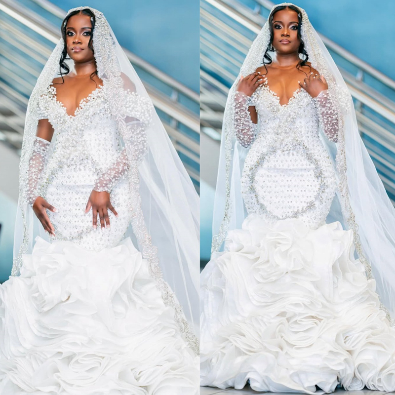 Arabic Aso Ebi Plus Size Ivory Wedding Dress 2025 Appliques Beaded Crystals Pearls Tiers Luxurious Bridal Gowns Dresses Rhinestones Wedding Gowns D588
