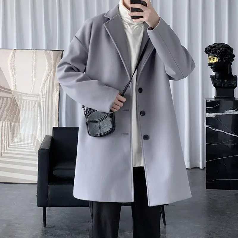 Korean Trend Fashion Autumn Winter Mid-length Woolen Trench Men Suit Collar Button England Thick Long Sleeve Slim Coats Tops W250815