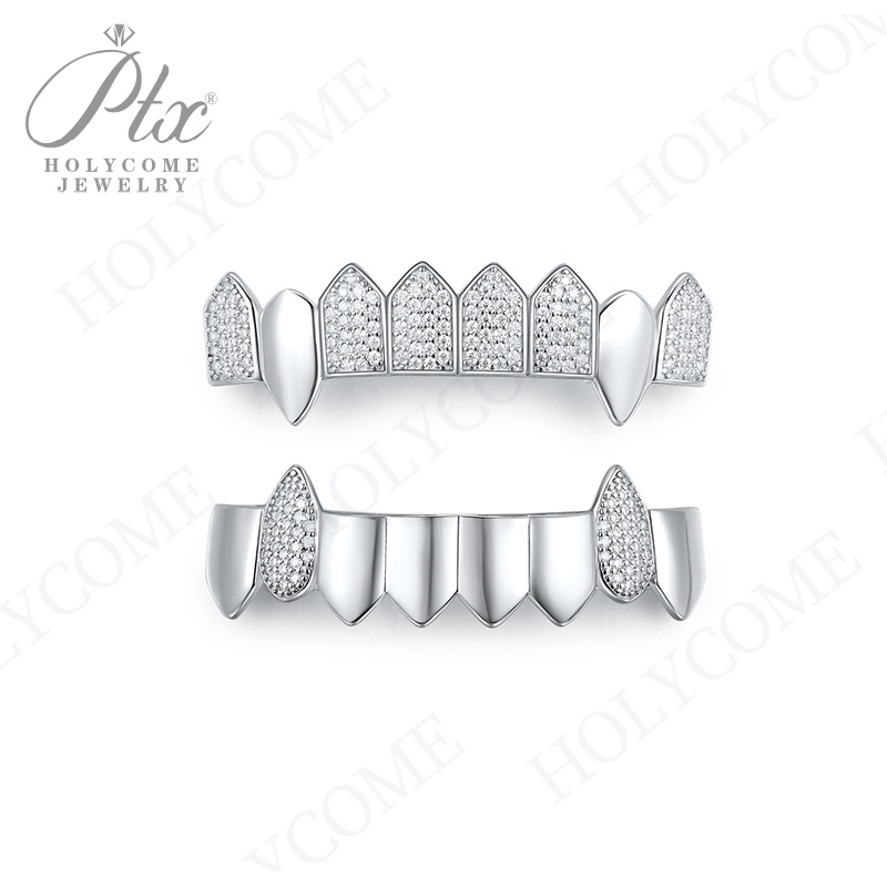 Custom Bling Grillz Hip Hop Full Moissanite Stone Vampire Teeth Grillz Caps Iced Out Micro Pave 8 Top 8 Bottom Charm Grills For Men Women Jewelry