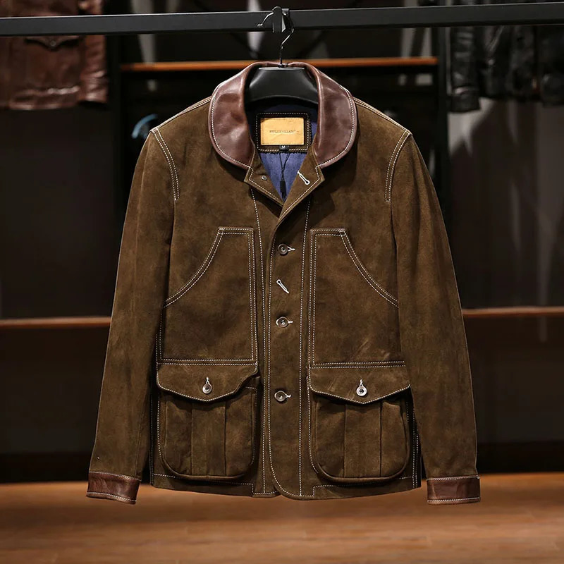 High Quality Plus Size Genuine Leather Clothing Mens Lapel Casual Suede Cowdide Jackets 250808