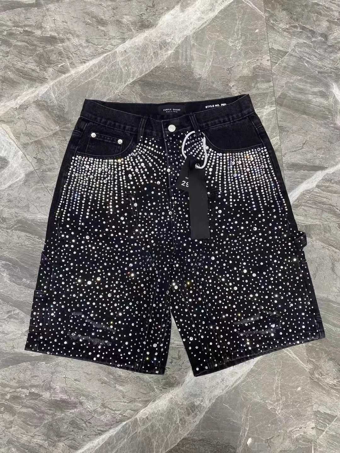 Fashionable BlaCK Denim Shorts wiTH Sparkling RhinESTones Suitable Men Women Fashionable and Casual Wear for Summer Y250814