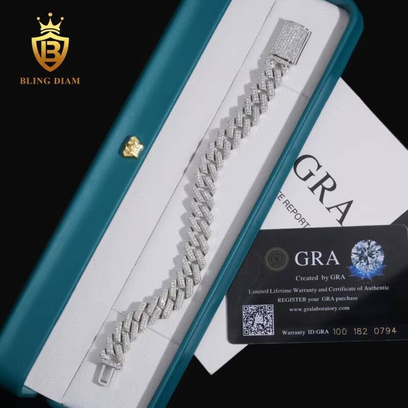 Hot Sale 12.5mm Iced Out VVS Moissanite Bracelet Hip Hop Jewelry 925 Silver Cuban Bracelet Moissanite Miami Bracelet