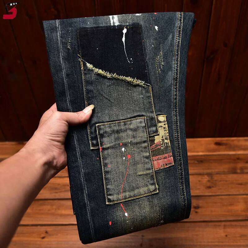 Jeans men's autumn and winter slim-fitting small straight elastic trend American patchwork retro denim nostalgic trousers