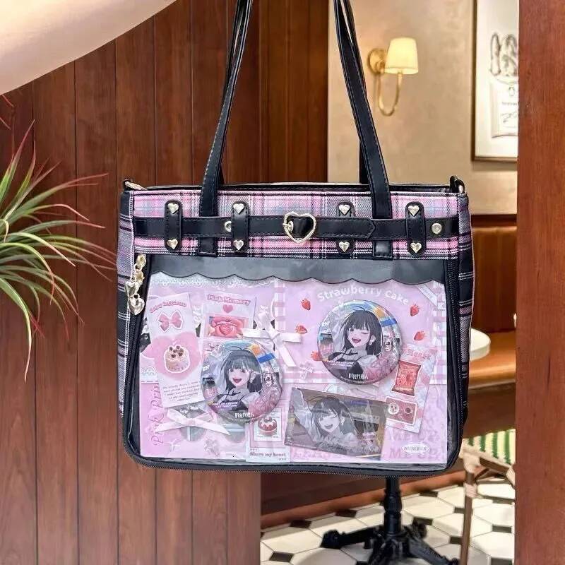 Women Fashion Checkered Pattern Retro Ita Cute Girl Transparent Large Capacity Tote DIY Display Handbag New Shoulder Bag