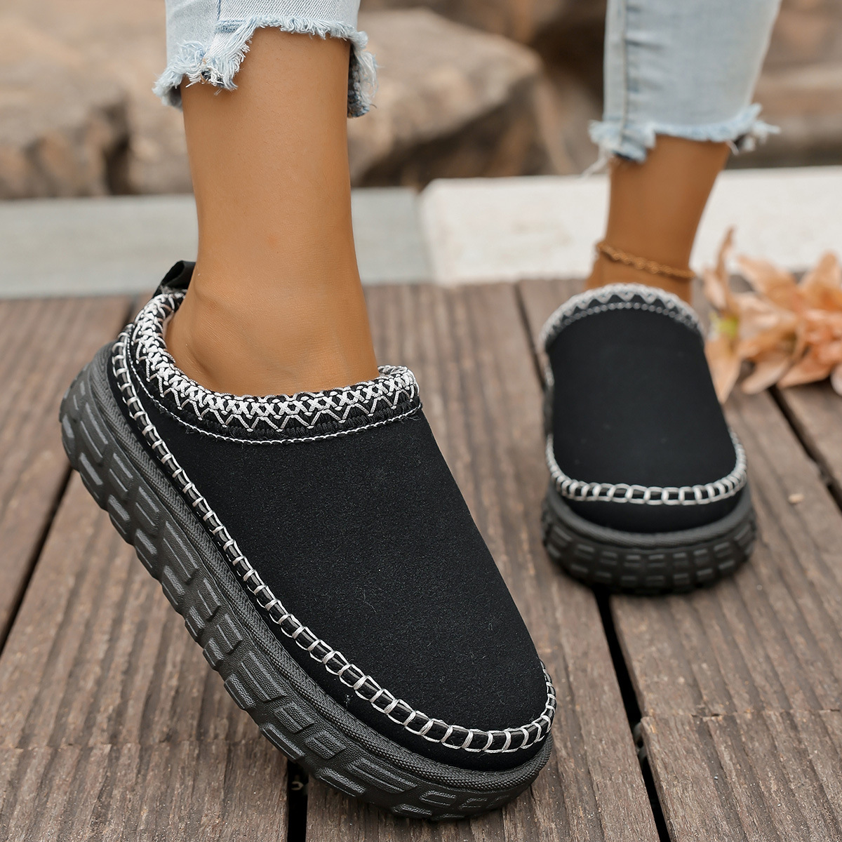 Fashion Round Toe Lace Trim Chunky Sole Snow Boots 2025 New Design Ankle Height Plush Fleece Lined Warm Womens Winter Shoes Free Shipping