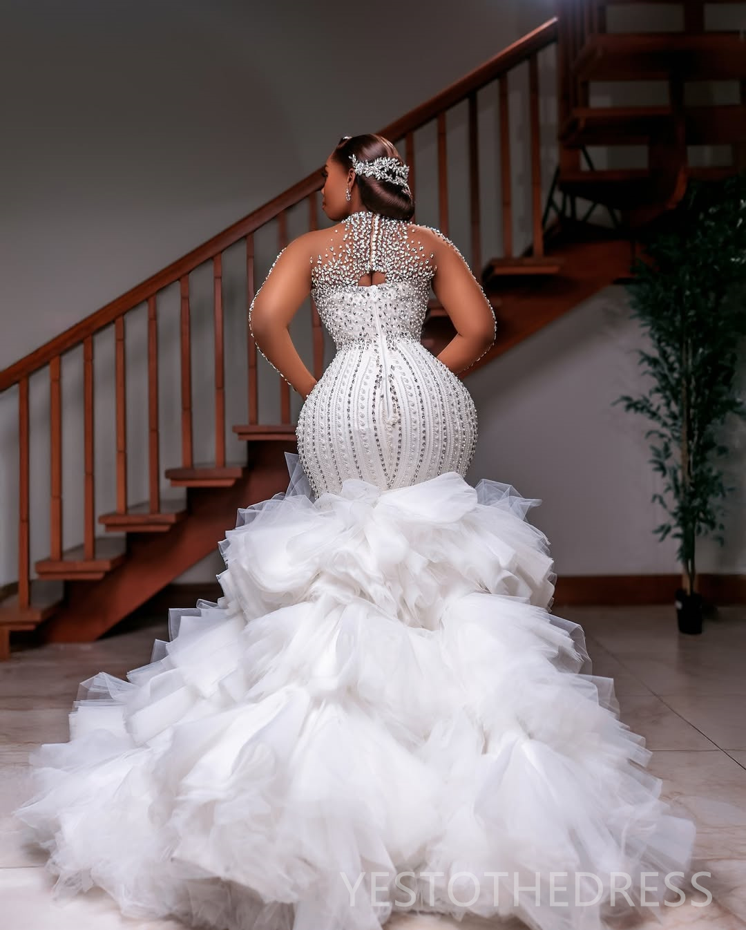 2025 Plus Size Luxurious Off White African Wedding Dress Bridal Gowns For Bride High Neck Tiered Tulle Beaded Lace Rhinestones Wedding Gowns For Black