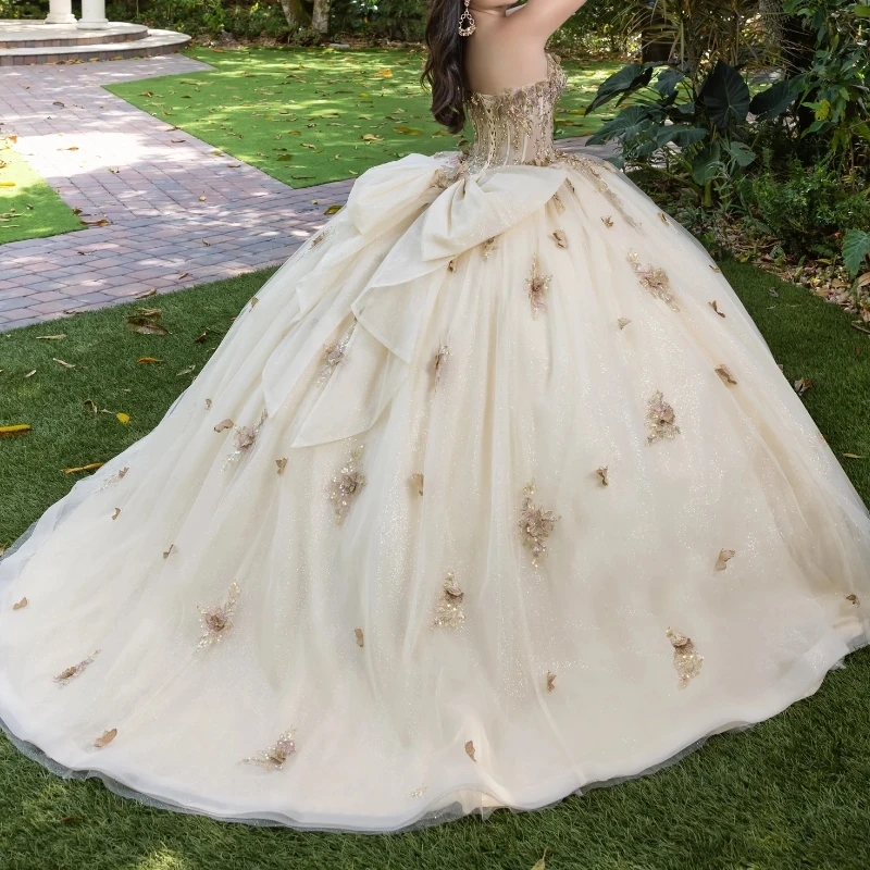 Light Champagne Ball Gown Quinceanera Dresses Off the Shoulder Applique Bow Beads Tull Corset Vestidos 15 De Anos Sweet 16 Dress
