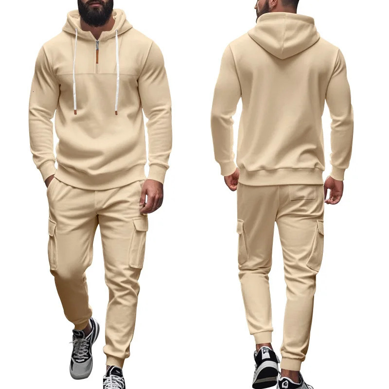 Mens fleece lined hooded tracksuit set long sleeve sweatshirt joggers crossborder sportswear for autumn winter casual wear 250814
