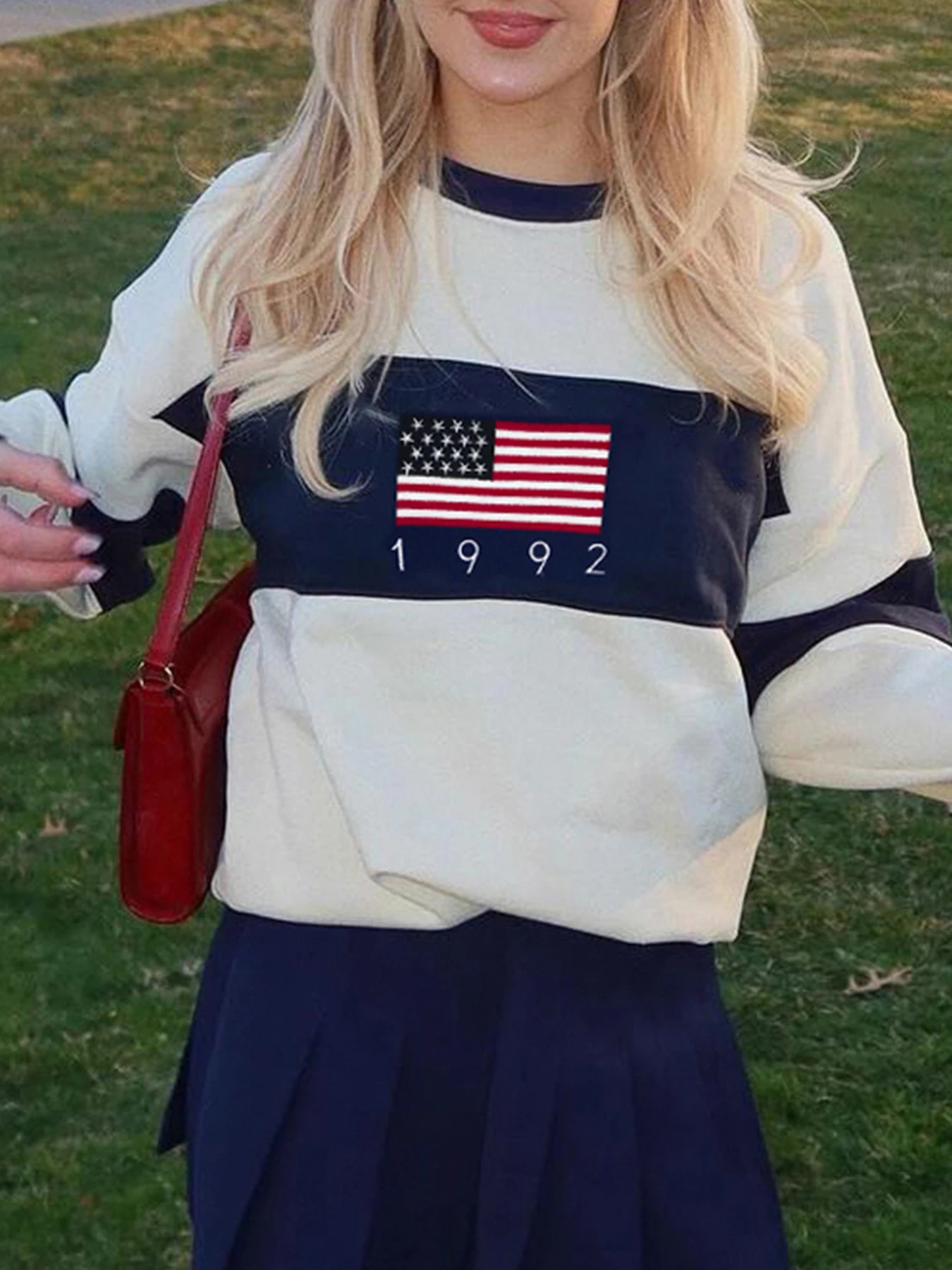 Rockmore Preppy Style American Flag Print Knitted Sweater Women Y2k Clothes Vintage Casual Streetwear Full Sleeve Oneck Pullover 250808