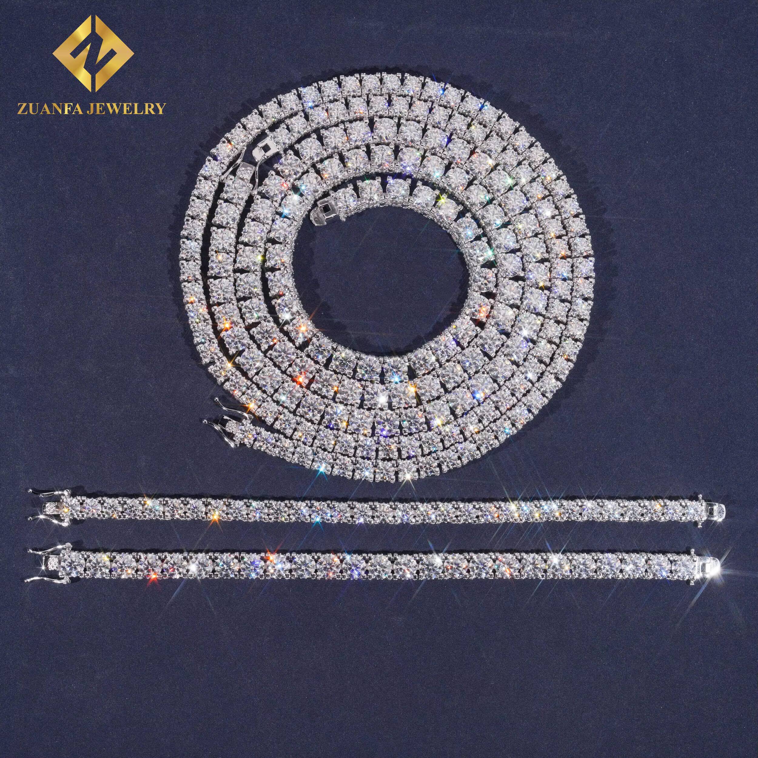 New RTS Luxury Tennis Chain 925 Silver Gold Plated Pass Diamond Tester GRA 5MM Moissanite Tennis Chain Side with Stone Necklace