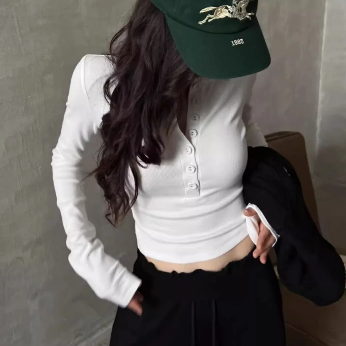 Polo Neck T Shirt for Women Sexy Crop Top Button Long Sleeve Woman Tshirt Slim Black Youthful Elegant Synthetic Aesthetic y 250814