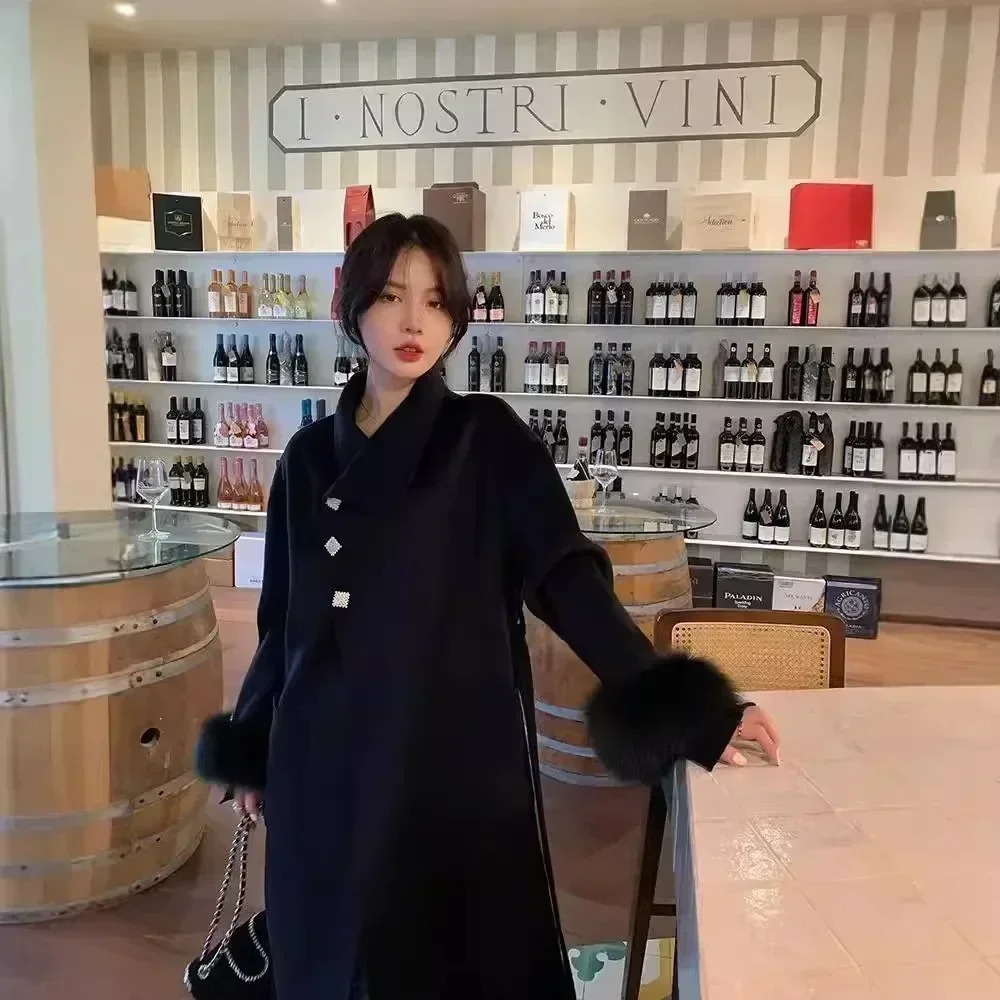 Double-sided Cashmere Coat Women Autumn Winter Fox Fur Jacket Female Wool Coat Long Fox Fur Collar Woolen Coat 250811