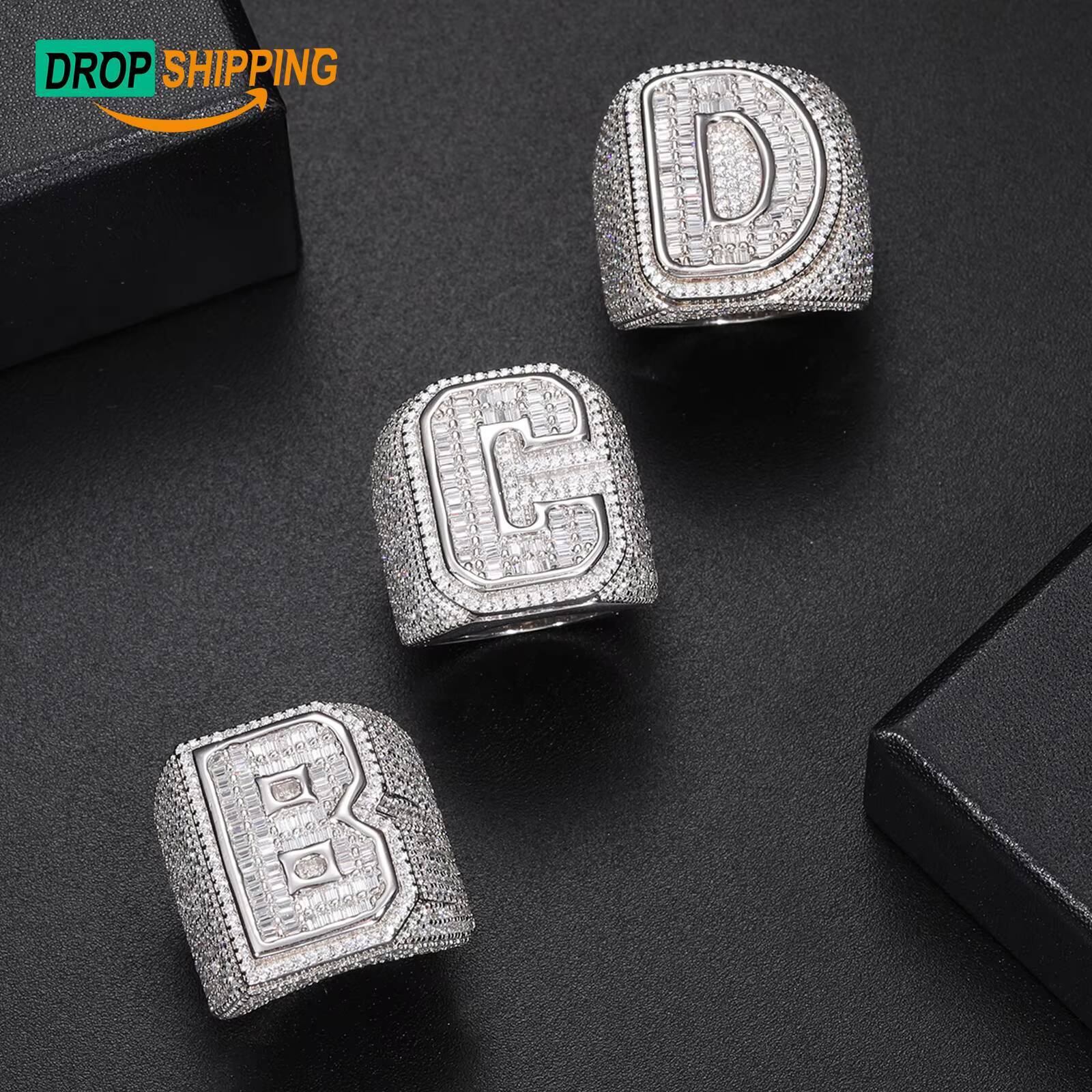 Dropshipping Baguette Mossanite Letter Jewelry Sterling Sier VVS Moissanite Dia Iced Out Initial Hip Hop Ring