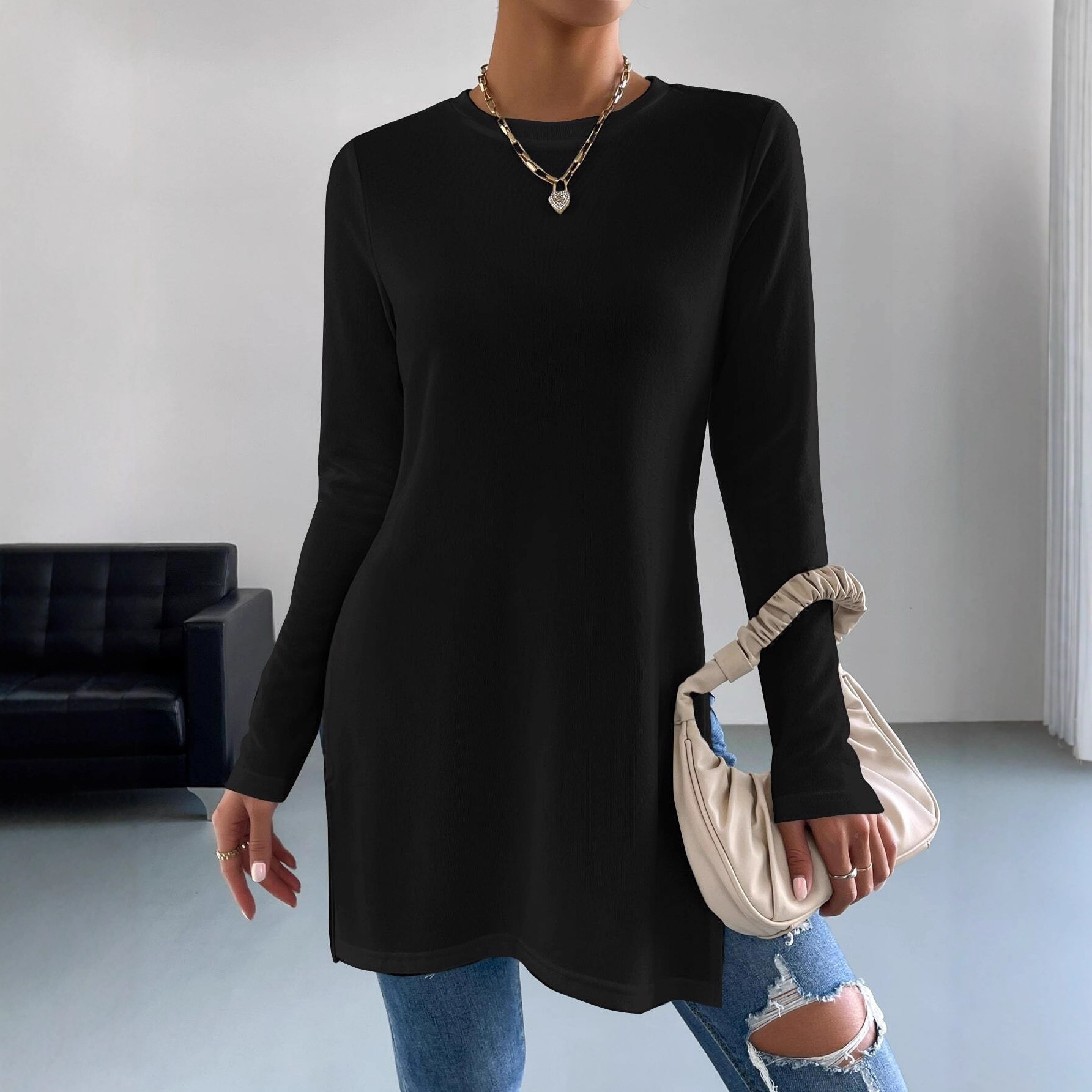 Women's Sleeve Top Solid Color Hem Split Long Version T-Shirt for Women
