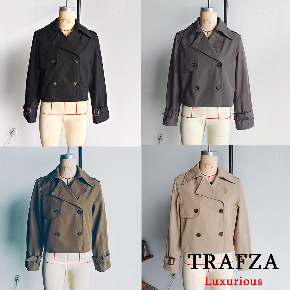 TRAFZA Vintage Casual Chic Women Jackets Solid Double Breasted Turndown Collar Long Sleeve Short Coat Fashion 2024 Autumn 250805