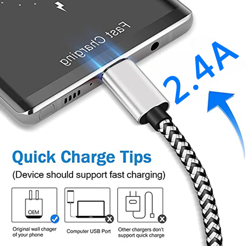 Fabric Braided Nylon 1m 2m 3m micro V8 type c usb Charger cable Cables Wire For Samsung Galaxy S10 S23 S24 Note 20 htc lg Andorid phone gps pc 15 16