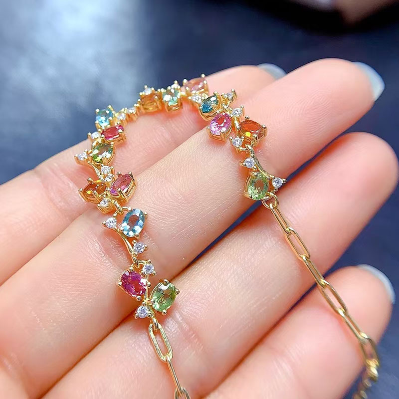 925 silver bracelet 925 silver tourmaline bracelet 3mm*4mm natural tourmaline jewelry for vacation 18K gold plated silver multi-color gemstone bracele