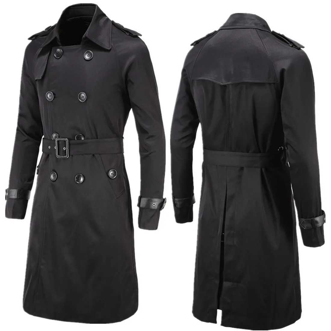 Mens Spring Autumn Windbreak Overcoat Long Trench Coats with Belt Male Pea Coat Double Breasted Peacoat W03 W250815