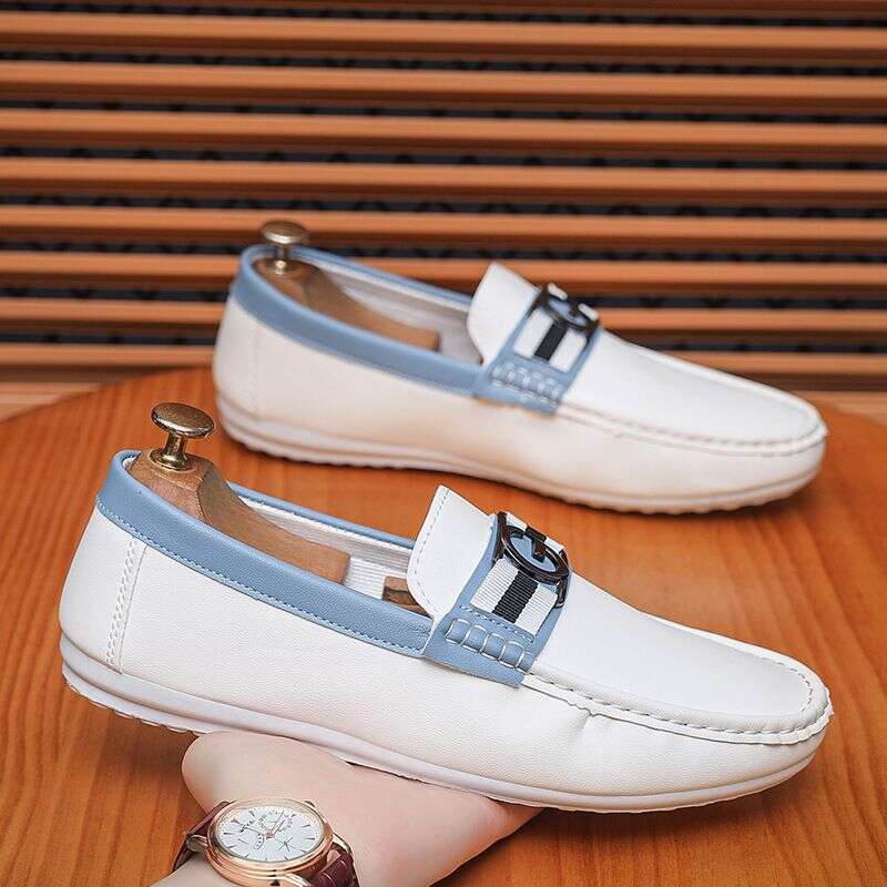 2025 Summer Men's Trendy Casual Bean White Leather Soft Bottom Comfortable Fashion Versatile One Step Shoes 77A1