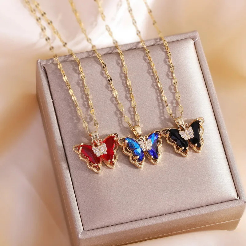 Trendy Zircon Butterfly Pendant Necklace for Women Girls Stainless Steel Clavicle Chain Female Elegant Party Jewelry 250811