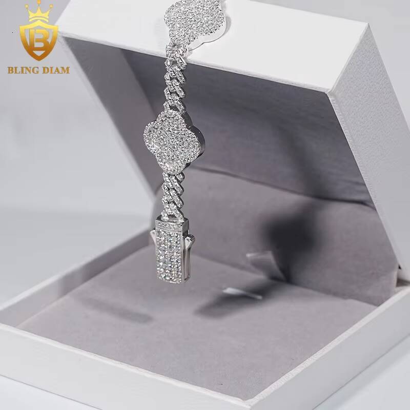 Luxury Charms Bangle Jewelry 6mm 925 Sterling Silver Rose Gold Vvs Moissanite Four-Leaf Clover Bracelets for Men Women