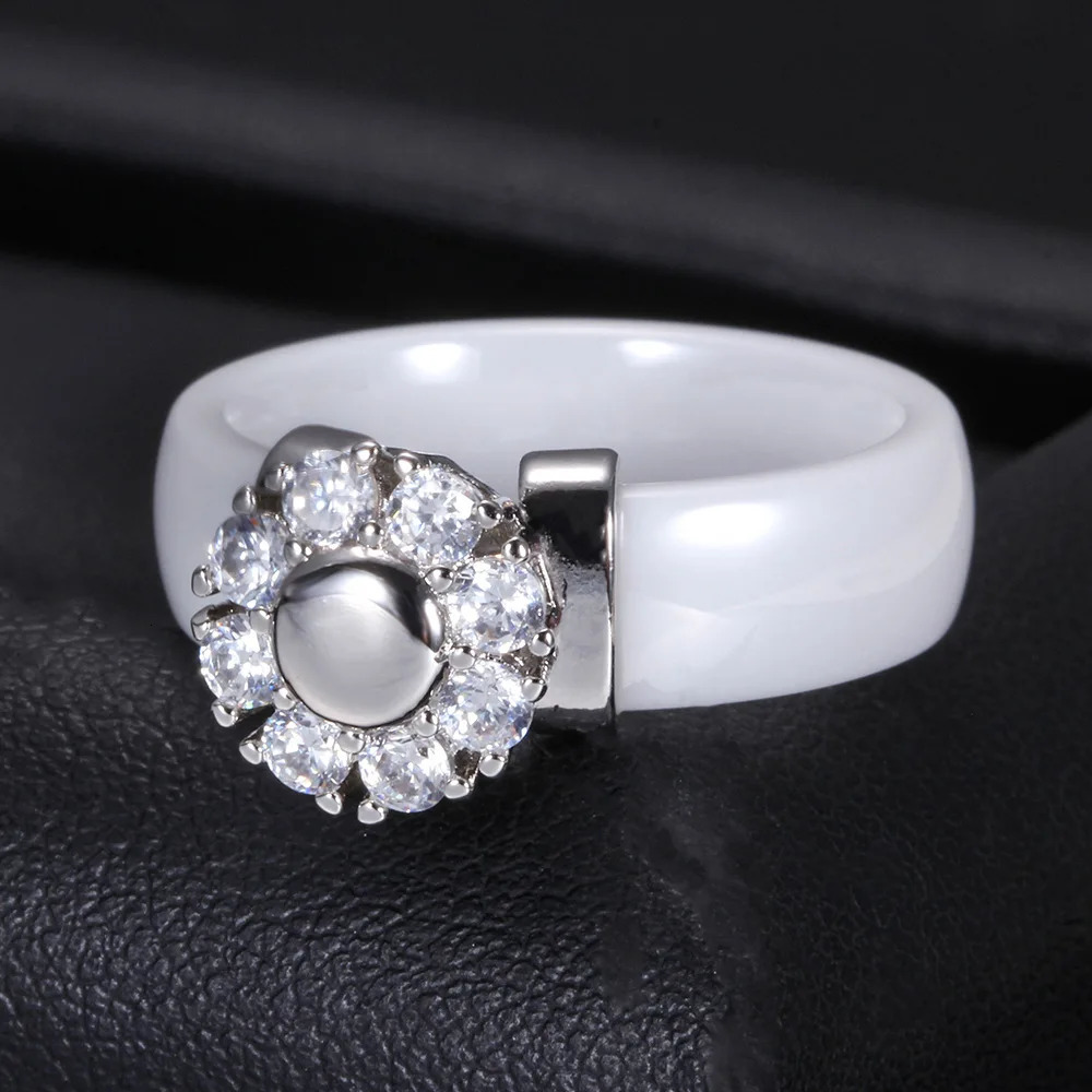 Sunflower Zircon Ceramic Ring For Women Girl Steel Metal Finger Jewelry Accessories Gift Black White Color 250807