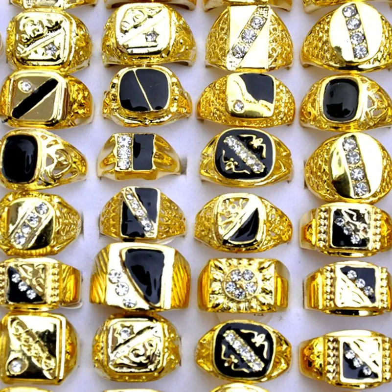 10pcs Mix Fashion Mens Ring Classic Gold Color Black Enamel Rhinestone Geometric Alloy Finger Rings for Men Wedding Party Gift 250811
