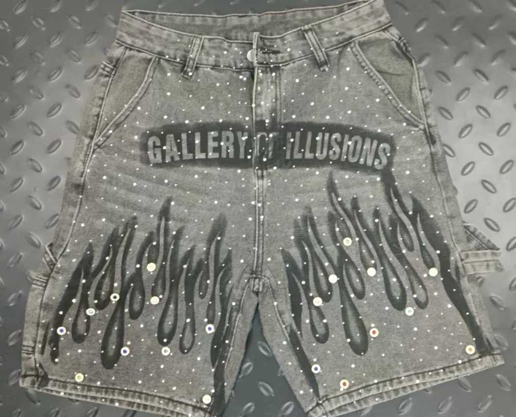 Y2K Vintage Distressed Jeans Flame Pattern Rhinestone Decoration High Waist Denim Shorts Fashion Men Women Hip Hop Streetwear Y250814