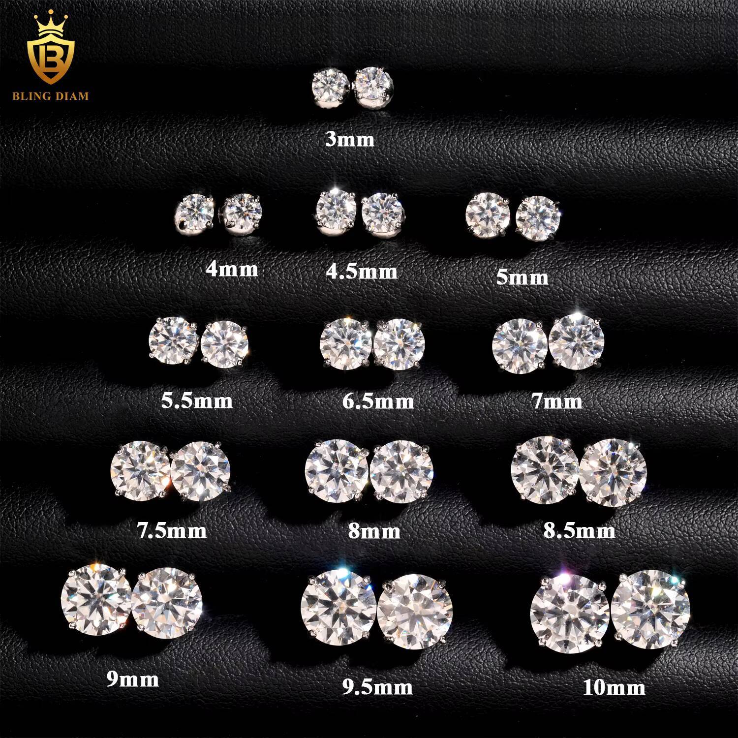 Gra Certificate Fine Jewelry 3mm-10mm Round Cut Vvs1 Moissanite 925 Sterling Silver 10k 14k Stud Earrings Sets for Men Women