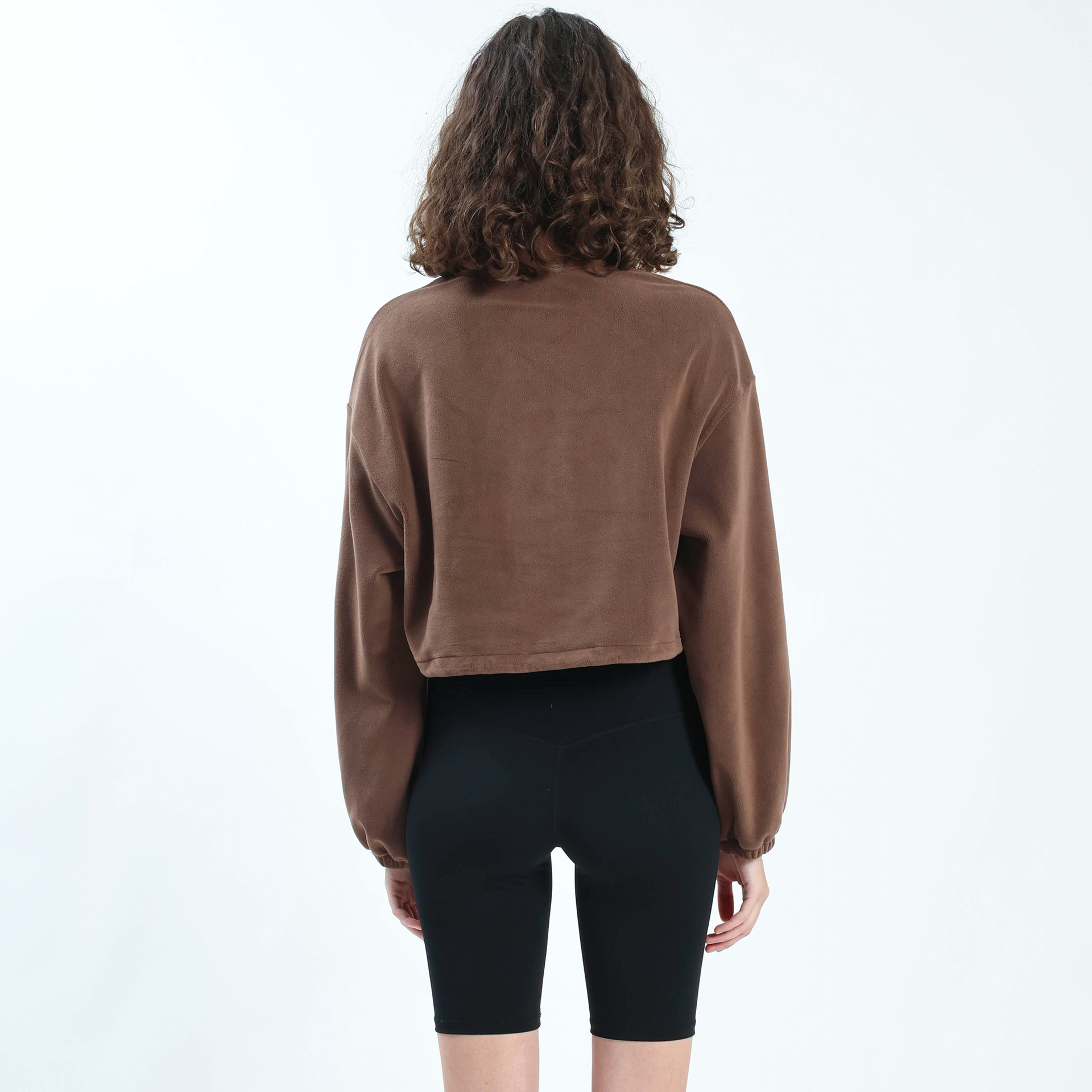 Autumn Winter Half-Zip Fleece Sweatshirt Adjustable Hem Elastic Top Sports Style High Neck Long Sleeve Women