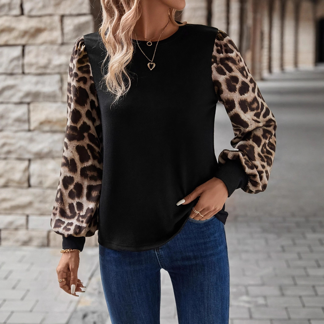 Women's Autumn and Winter New Long-sleeved Round Neck Stitching T-shirt Tops