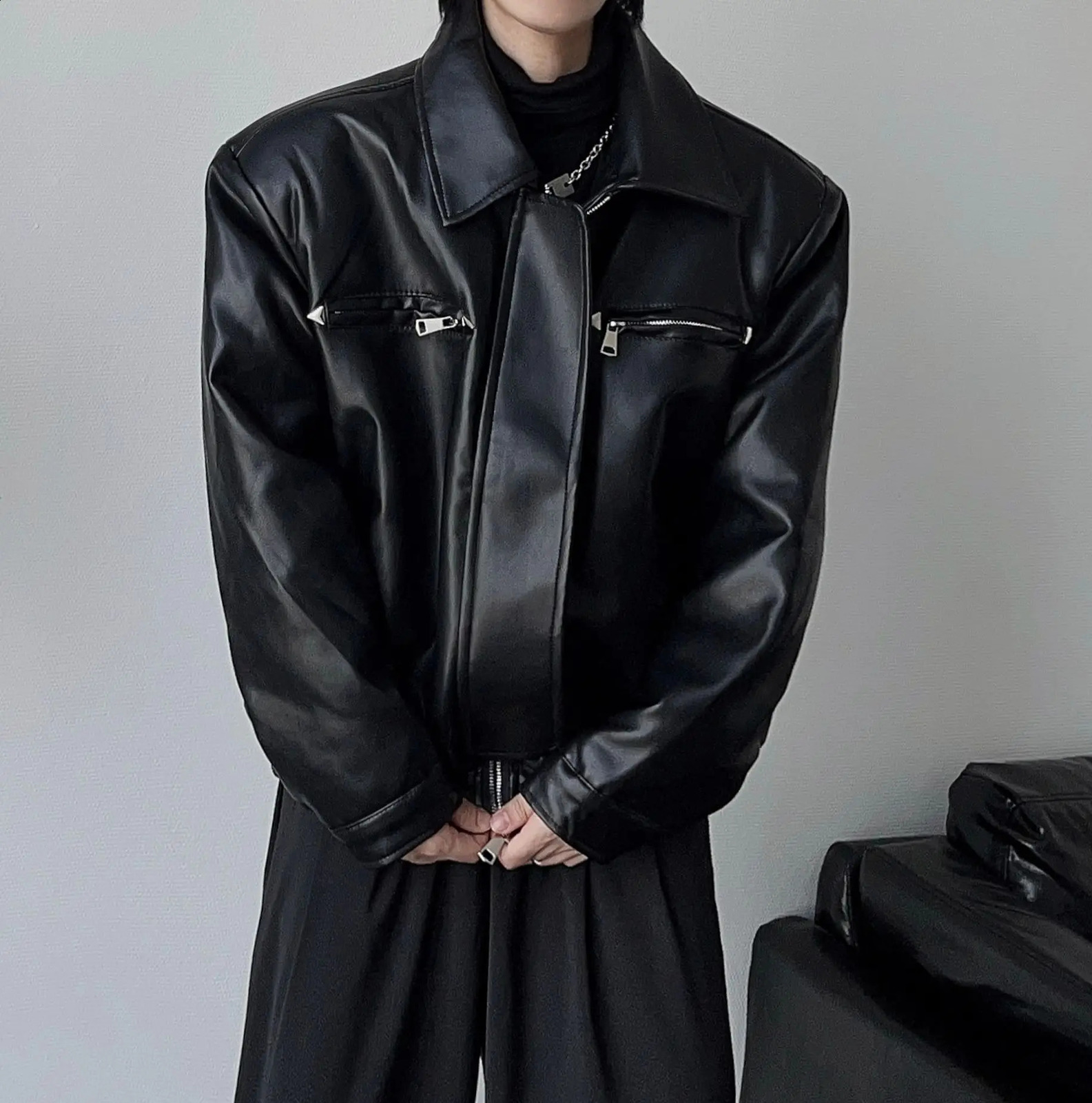 American PU Leather Coat Bomber Jacket Men Autumn Mens Lapel Zipper Biker Clothing Streetwear 250814