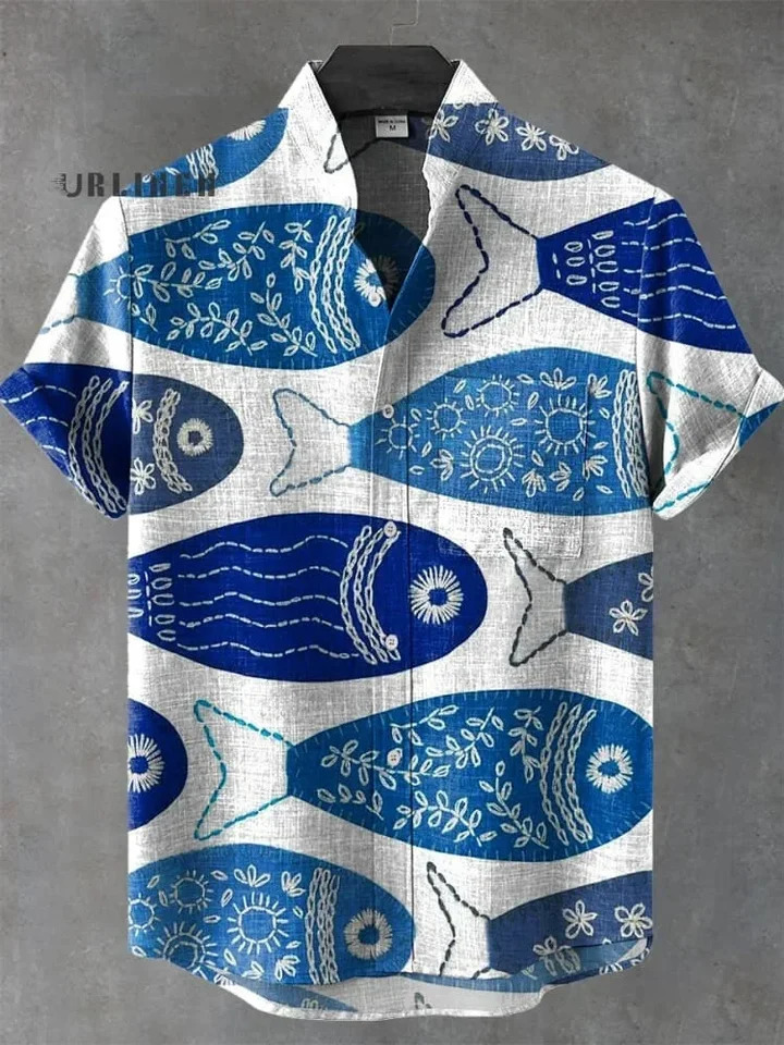 2025 Summer Blue Fish Line Retro 3D Printed Casual Fashion 100 Linen Mens Short sleeved Stand up Collar Shirt 250804
