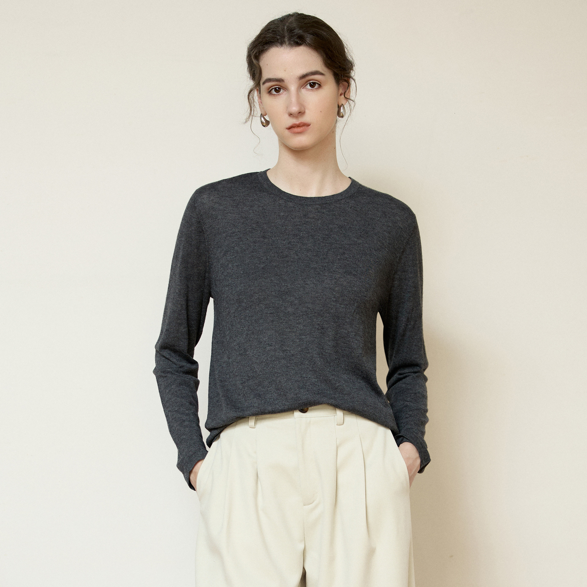 High-Quality Mulberry Silk Cashmere Knitted Sweater Warm Comfortable Slimming Long Sleeve T-Shirt Women Solid Color Round Neck Base Shirt