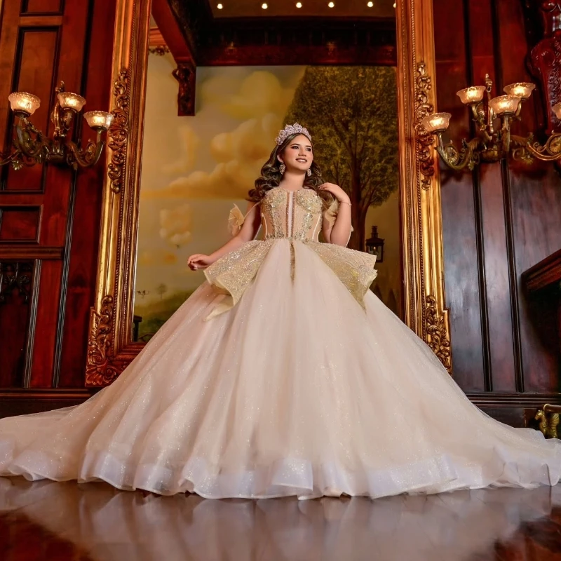 Champagne Shiny Princess Sweet 16 Dress Quinceanera Dresses Beading Crystal Tull Corset Party Birthday Vestido De 15 Anos Ball Gown