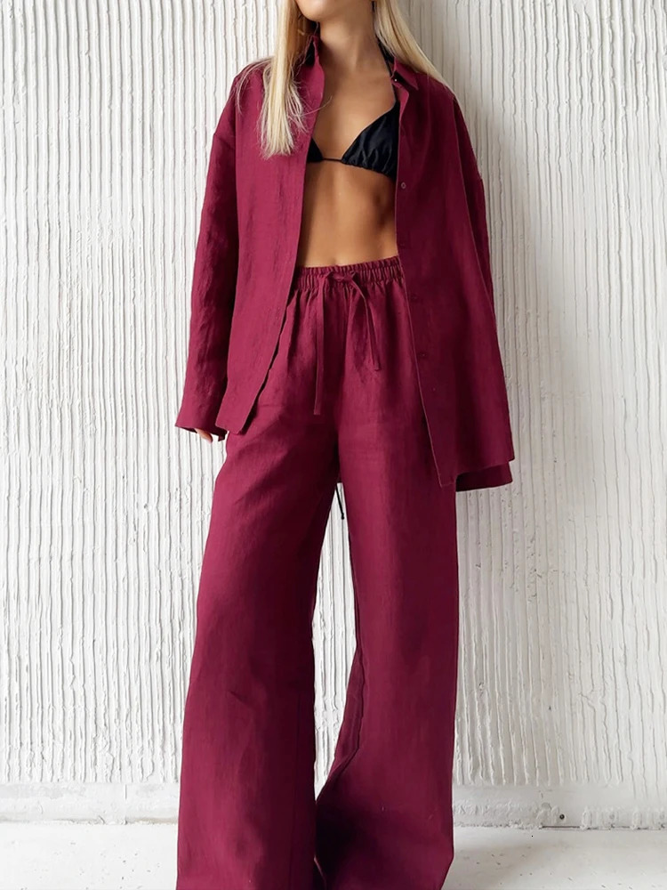 FSMG Fashion Solid Cotton Linen Pant Set Casual Loose Buttons Long Sleeves Shirt Elastic Waist Two Piece Lady Outfit 250814